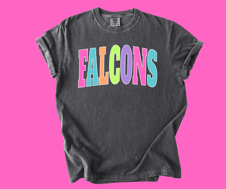 FALCONS - Multi - Color Varsity Letters (Pick your tee color) - Graphic Tee - The Red Rival