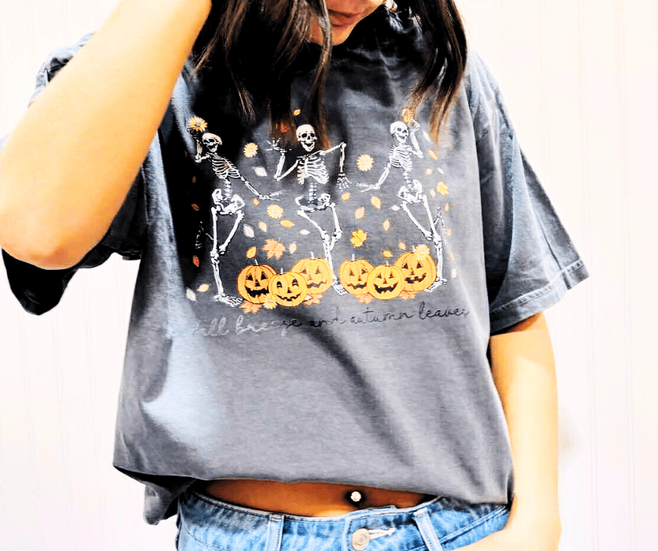 Fall Breeze & Autumn Leaves Skeletons Dancing Gray Graphic Tee - Apparel & Accessories - The Red Rival