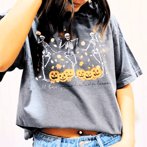 Fall Breeze & Autumn Leaves Skeletons Dancing Gray Graphic Tee - Apparel & Accessories - The Red Rival