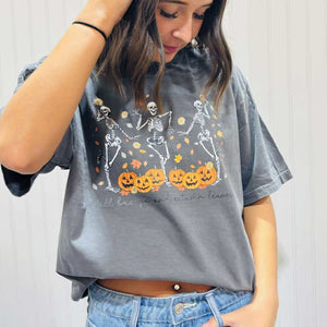 Fall Breeze & Autumn Leaves Skeletons Dancing Gray Graphic Tee - Apparel & Accessories - The Red Rival