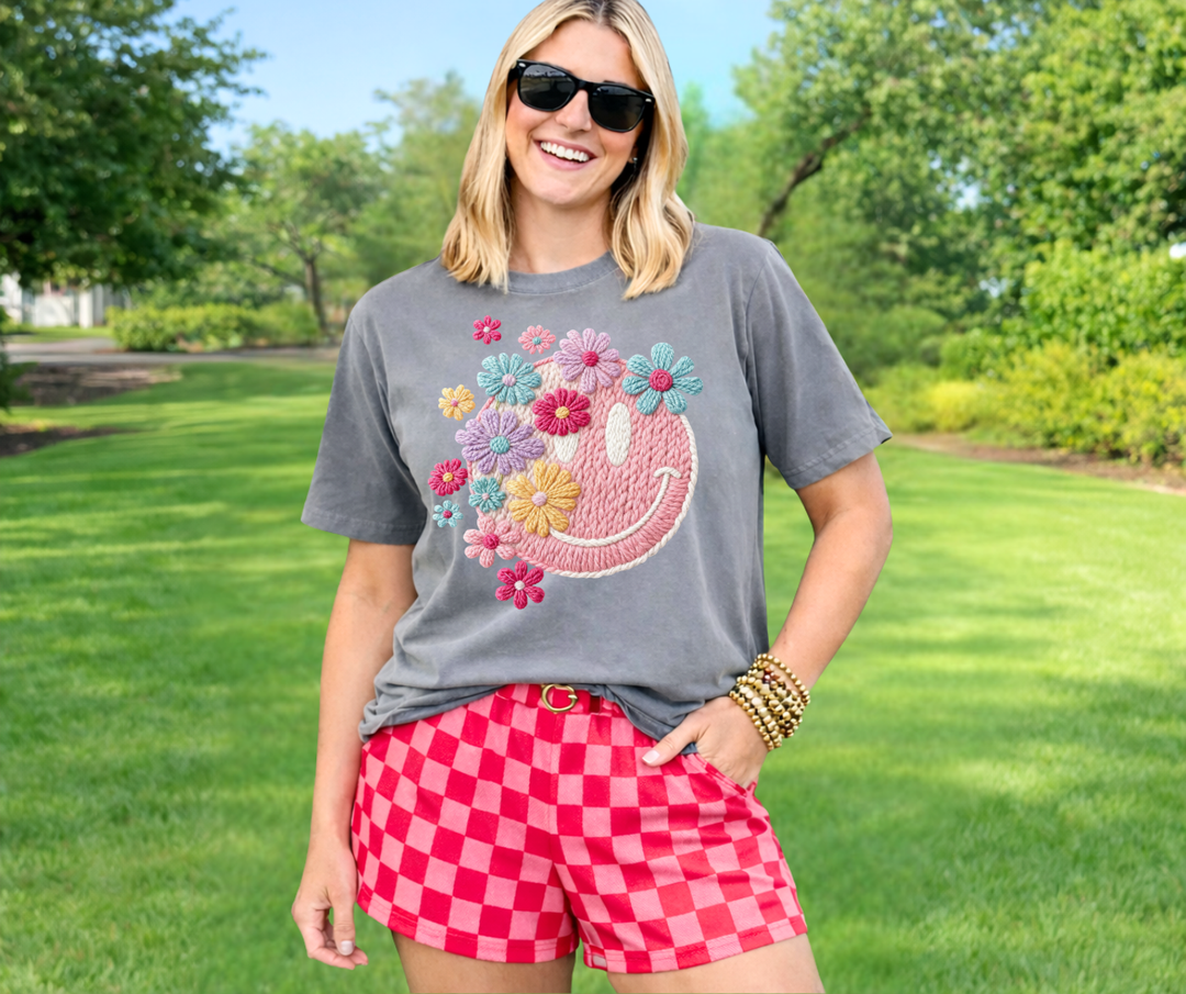 Faux Chenille Spring Flower Happy Face Grey Tee - Wholesale - The Red Rival