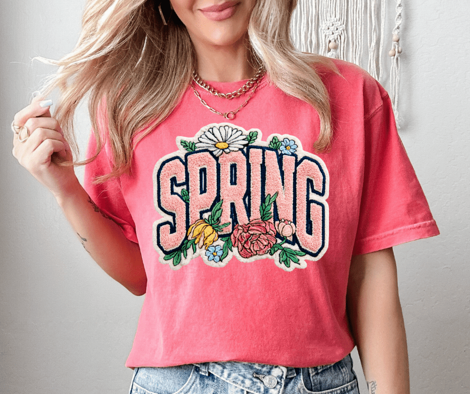 Faux Chenille Spring Letters Watermelon Tee - Tees - The Red Rival