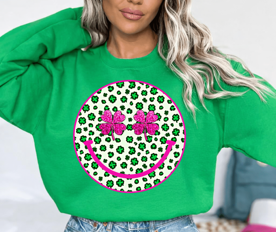 Faux Glitter Clover Smiley Face Green Tee or Sweatshirt - Tees - The Red Rival
