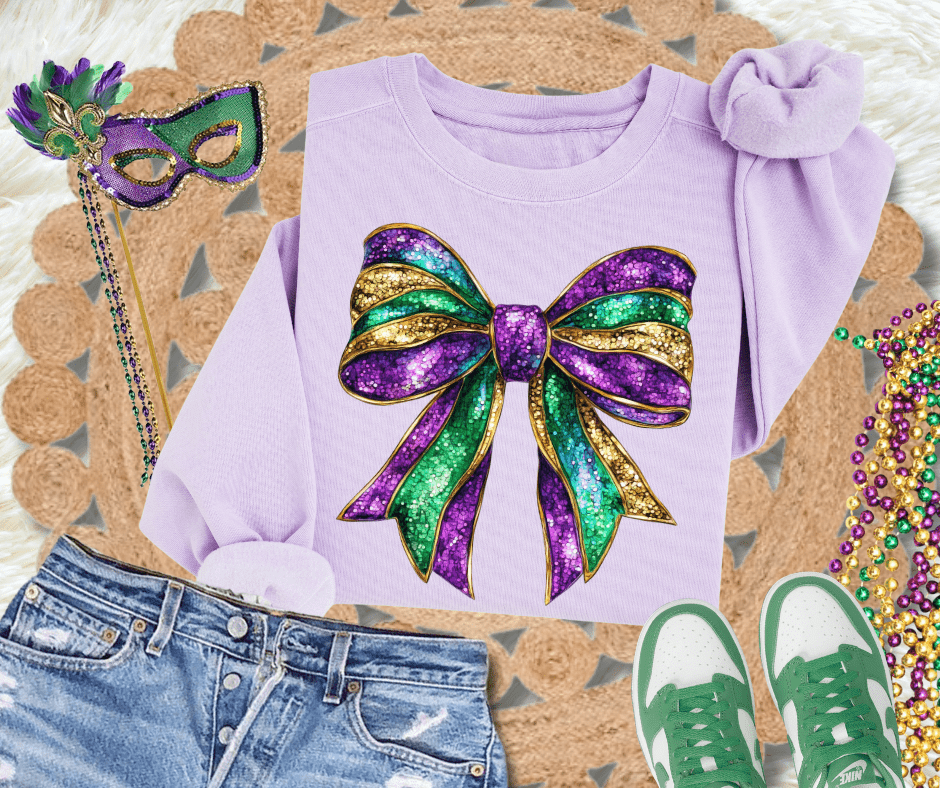 Faux Glitter Mardi Gras Bow Sweatshirt or Tee - Graphic Tee - The Red Rival