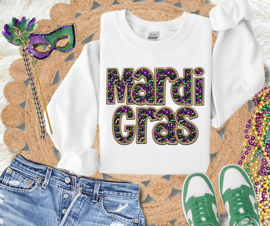Faux Glitter Mardi Gras Letters White Sweatshirt or Tee - Graphic Tee - The Red Rival