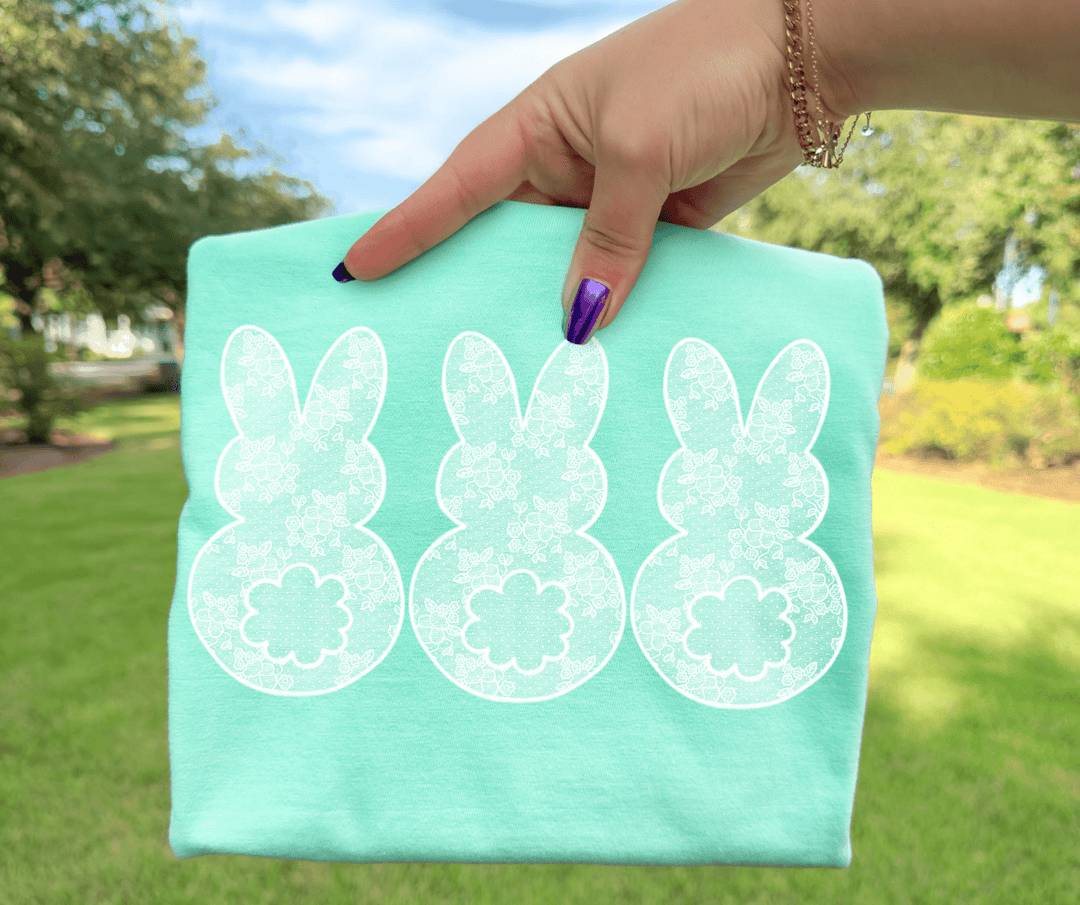 Faux Lace 3 Bunnies Teal Tee - Tees - The Red Rival