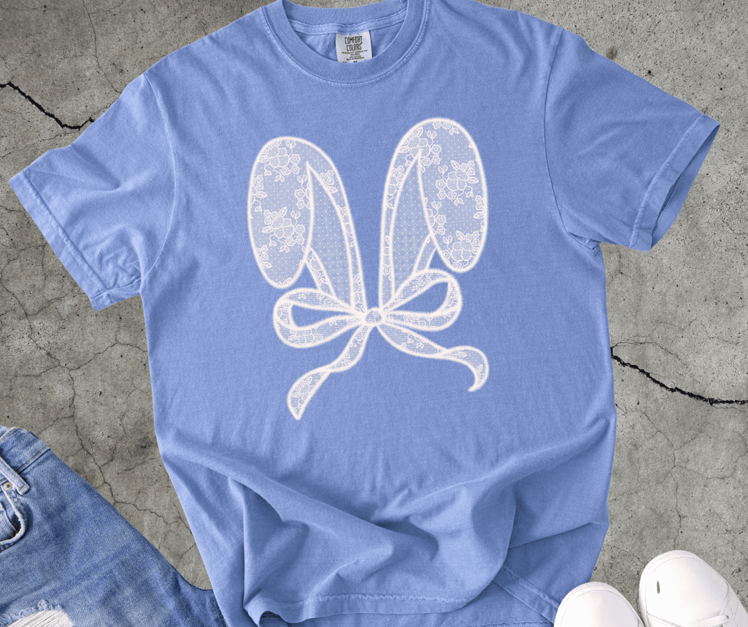 Faux Lace Bow Bunny Ears Blue Tee - Tees - The Red Rival