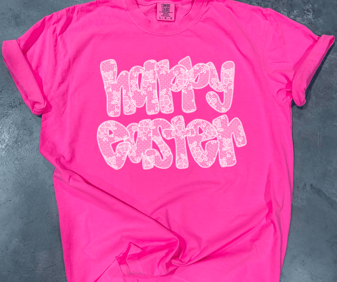 Faux Lace Happy Easter Neon Pink Tee - Tees - The Red Rival