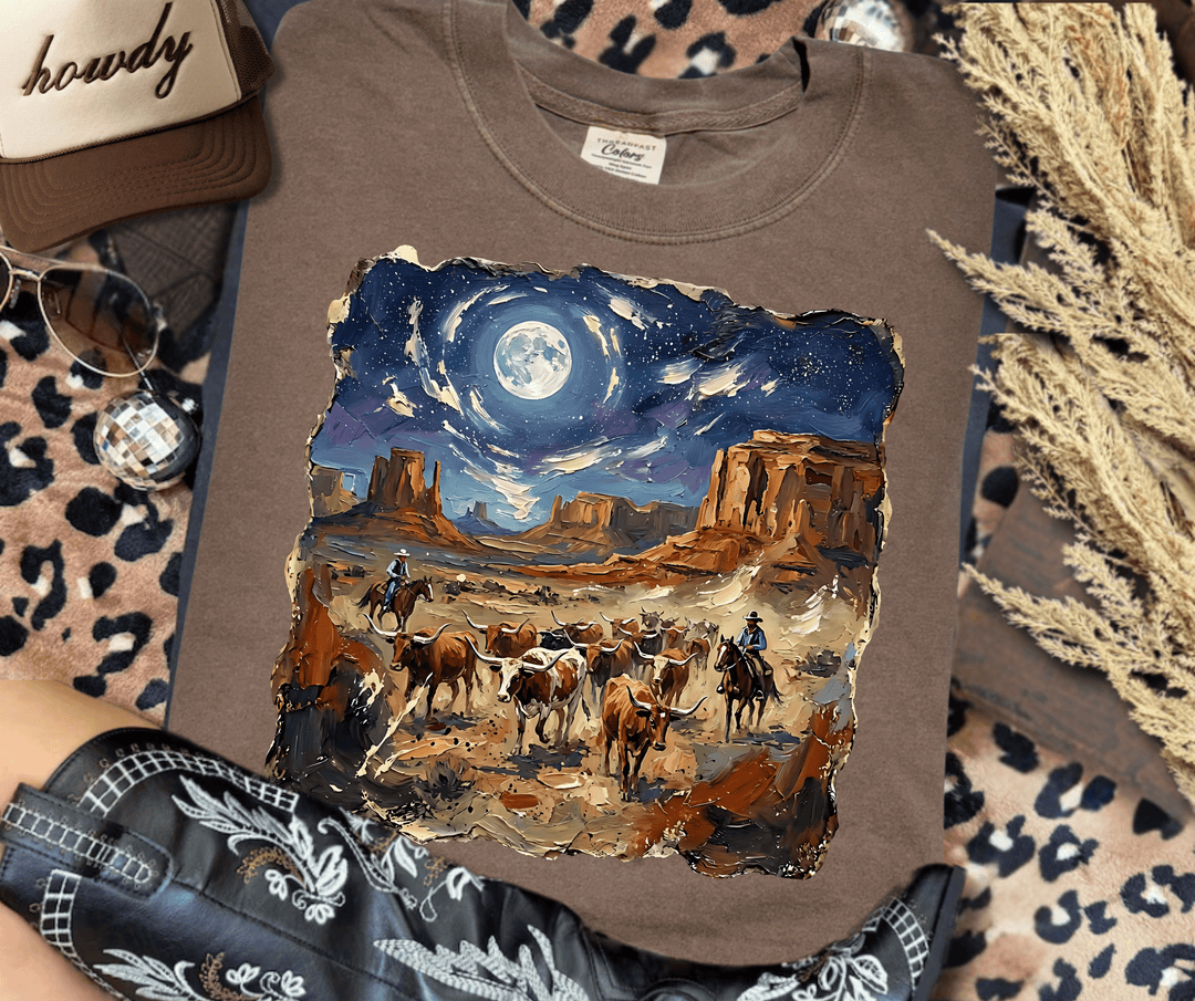 Faux Painted Western Night Sky Brown Tee - Tees - The Red Rival