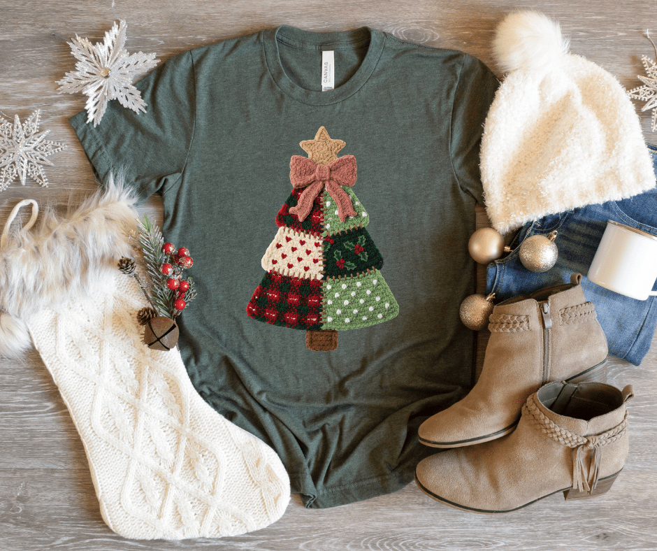 Faux Patchwork Christmas Tree Bow Tee - The Red Rival