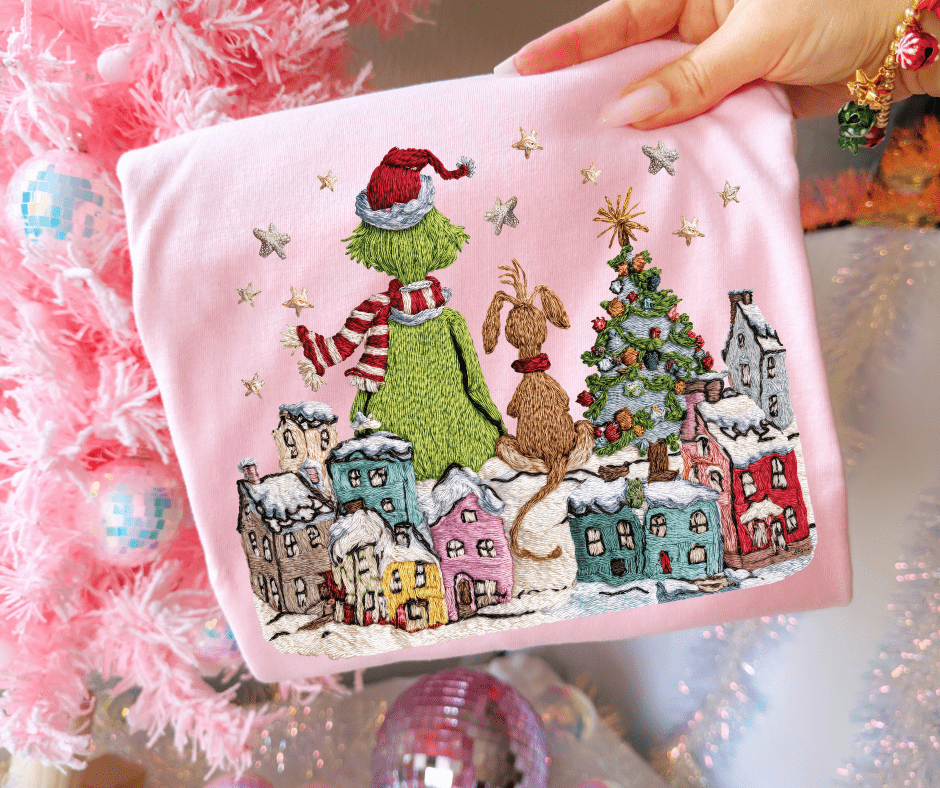 Faux Yarn Grinchy Town Scene Pink Tee or Sweatshirt - The Red Rival