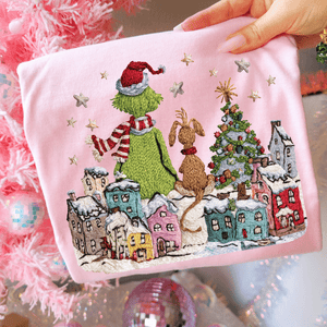 Faux Yarn Grinchy Town Scene Pink Tee or Sweatshirt - The Red Rival