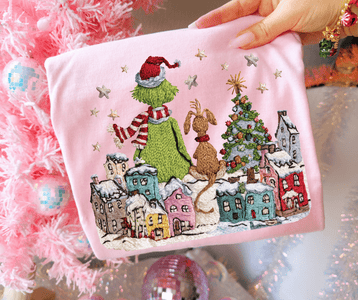 Faux Yarn Grinchy Town Scene Pink Tee or Sweatshirt - Tees - The Red Rival