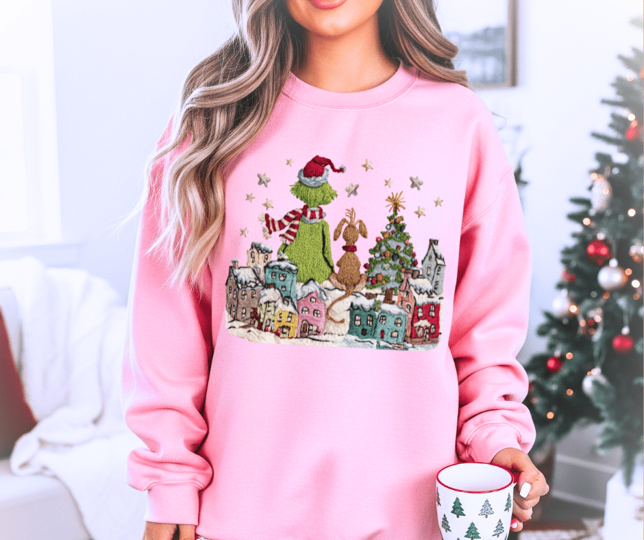 Faux Yarn Grinchy Town Scene Pink Tee or Sweatshirt - The Red Rival