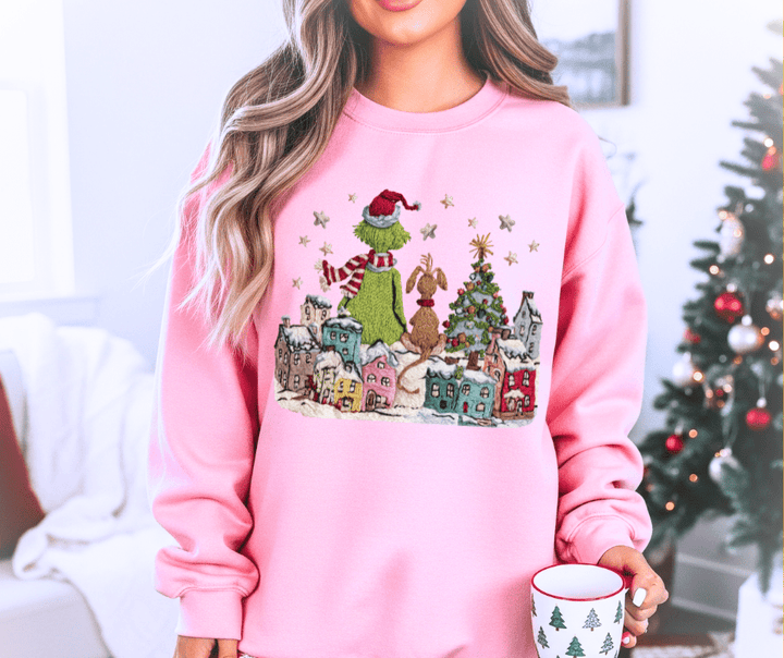 Faux Yarn Grinchy Town Scene Pink Tee or Sweatshirt - The Red Rival