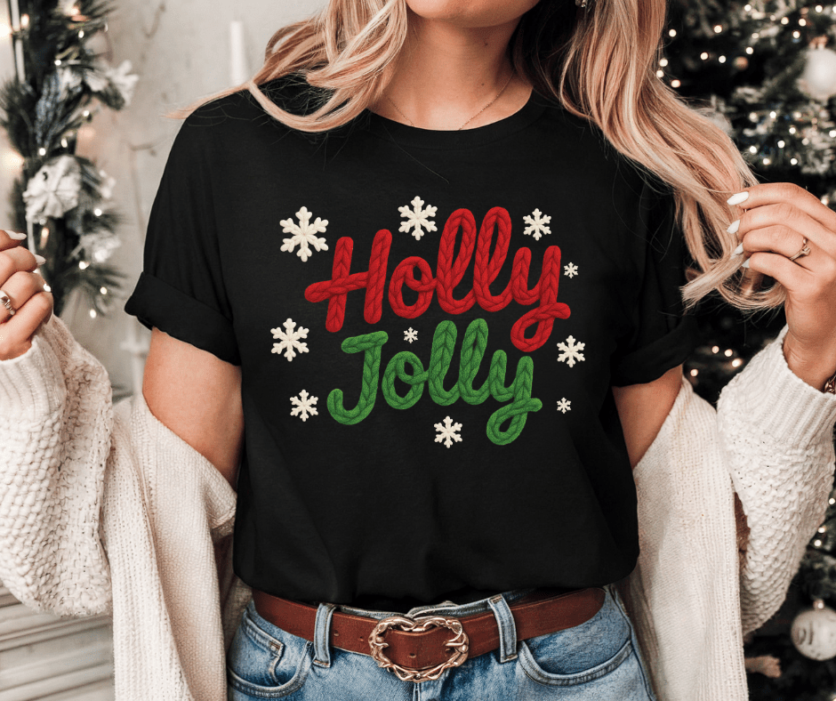 Faux Yarn Holly Jolly Snowflakes Black Tee or Sweatshirt - The Red Rival