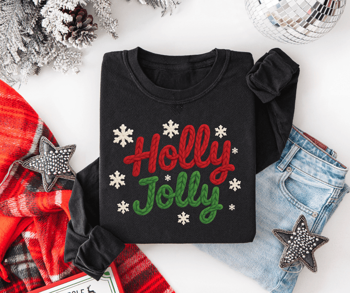 Faux Yarn Holly Jolly Snowflakes Black Tee or Sweatshirt - The Red Rival