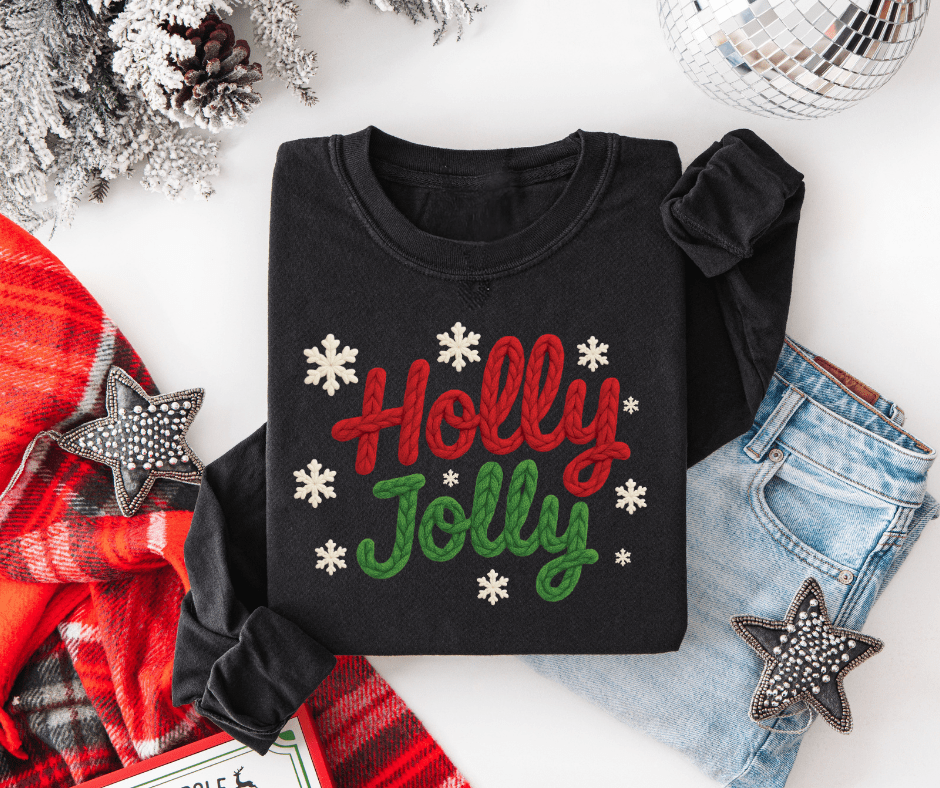 Faux Yarn Holly Jolly Snowflakes Black Tee or Sweatshirt - The Red Rival