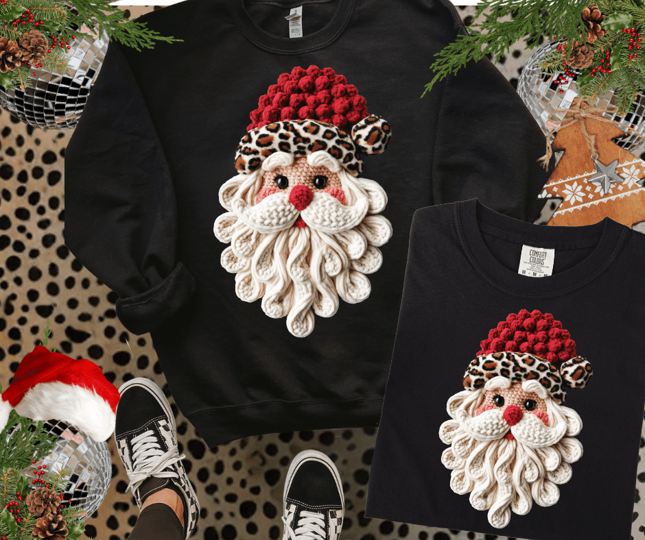 Faux Yarn Leopard Hat Santa Black Tee or Sweatshirt - Tees - The Red Rival