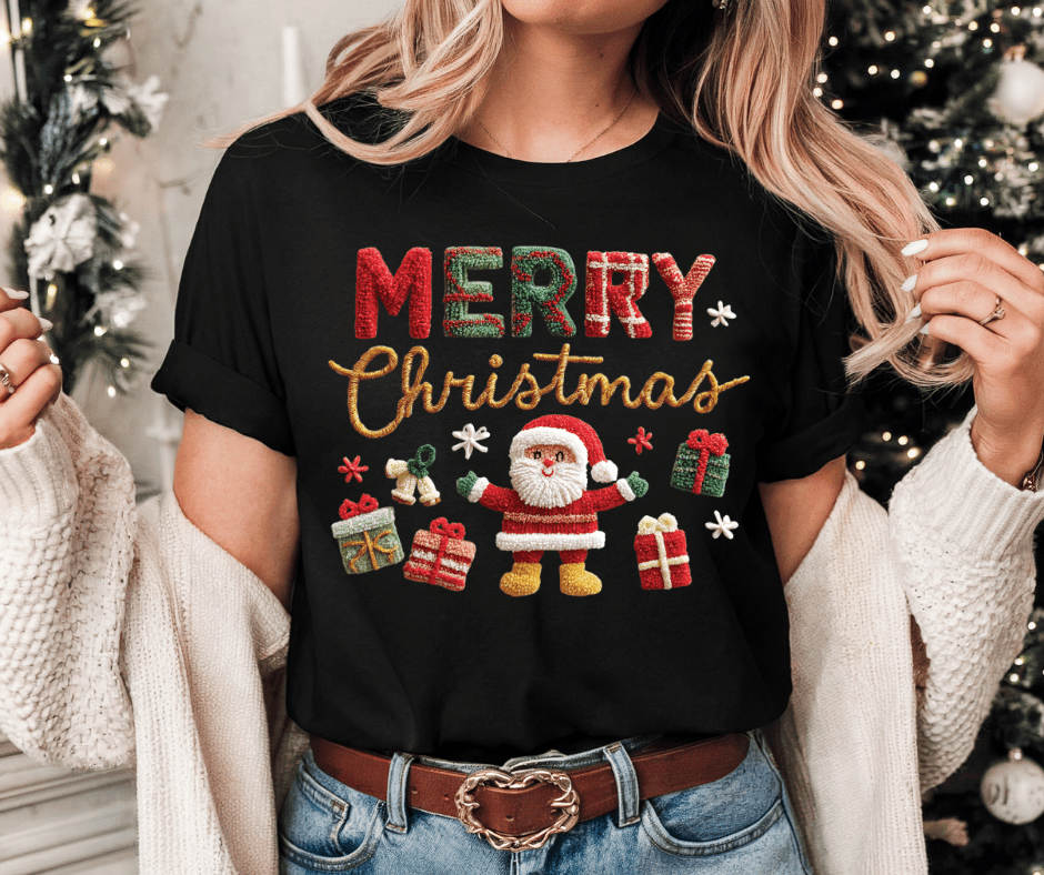 Faux Yarn Santa Merry Christmas Black Tee or Sweatshirt - The Red Rival