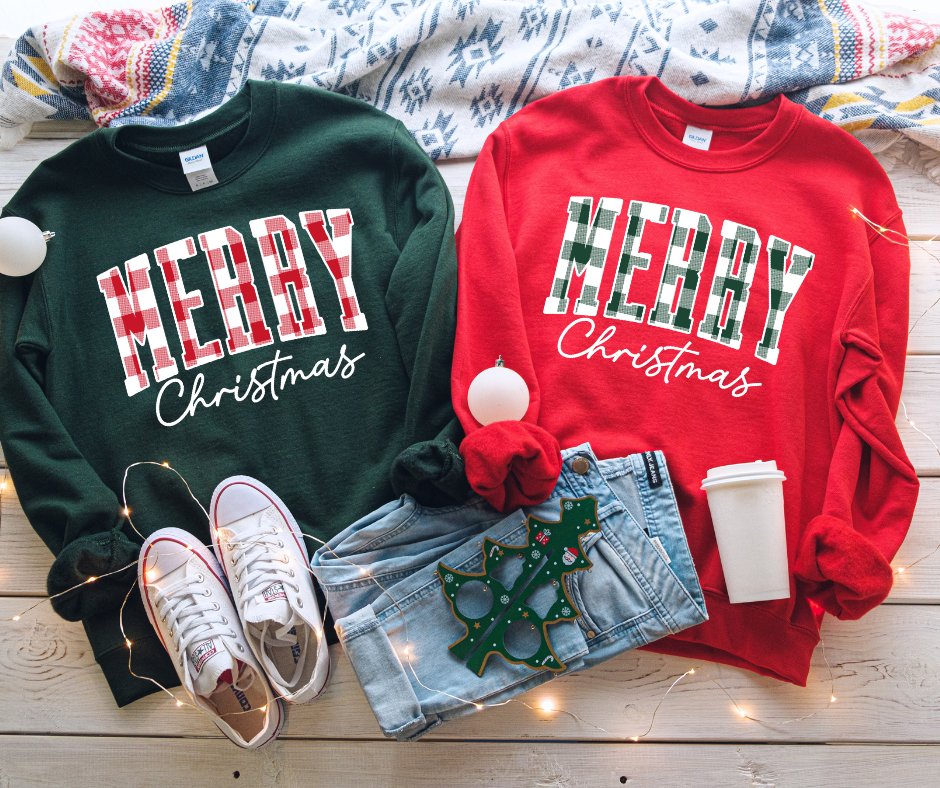 FLASH SALE PRICE - Green &amp; White Plaid Merry Christmas RED Sweatshirt or Tshirt (FINAL SALE) - Wholesale - The Red Rival