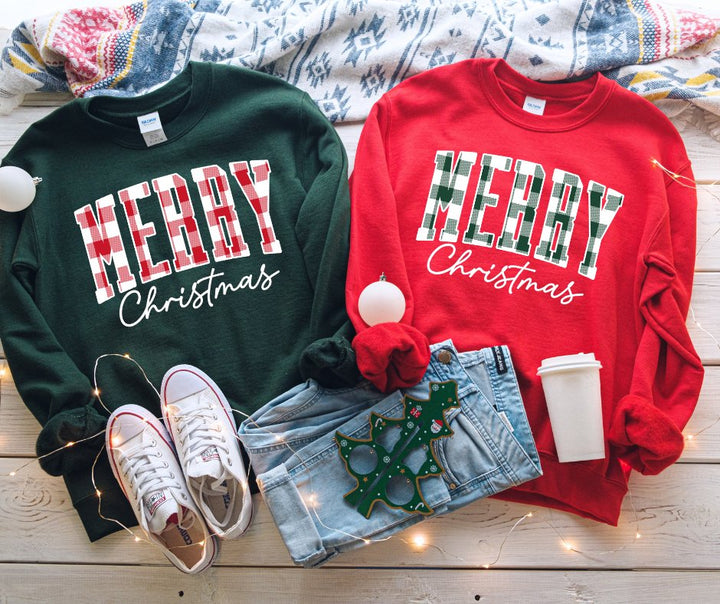FLASH SALE PRICE - Red &amp; White Plaid Merry Christmas FOREST GREEN Sweatshirt or Tshirt (FINAL SALE) - Wholesale - The Red Rival