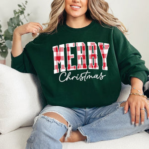 FLASH SALE PRICE - Red & White Plaid Merry Christmas FOREST GREEN Sweatshirt or Tshirt (FINAL SALE) - Wholesale - The Red Rival