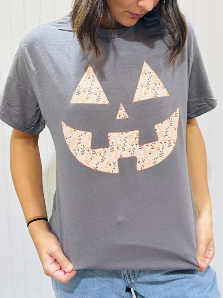 Floral Pumpkin Face Charcoal Tee - Tees - The Red Rival