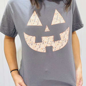 Floral Pumpkin Face Charcoal Tee - Tees - The Red Rival