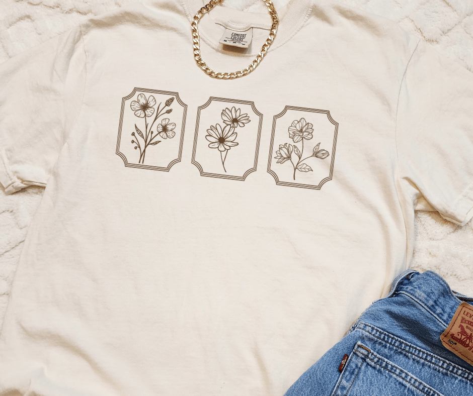 Framed Stem Flowers on Cream tee or Tan Sweatshirt - Tees - The Red Rival