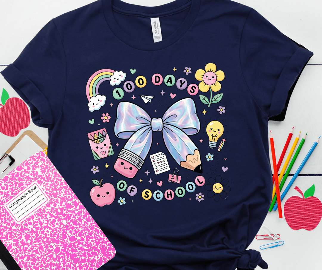 Girly Pastel 100 Days of School Navy Tee - Tees - The Red Rival