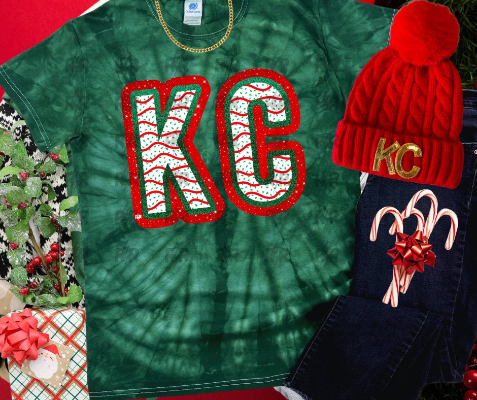 Glitter Christmas Cake KC Letters 2024 Design - Red Outer Glitter - GREEN TIE DYE TEE - Tees - The Red Rival