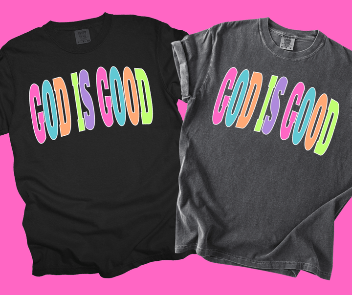 GOD IS GOOD - Multi - Color Varsity Letters (Pick your tee color) - Graphic Tee - The Red Rival