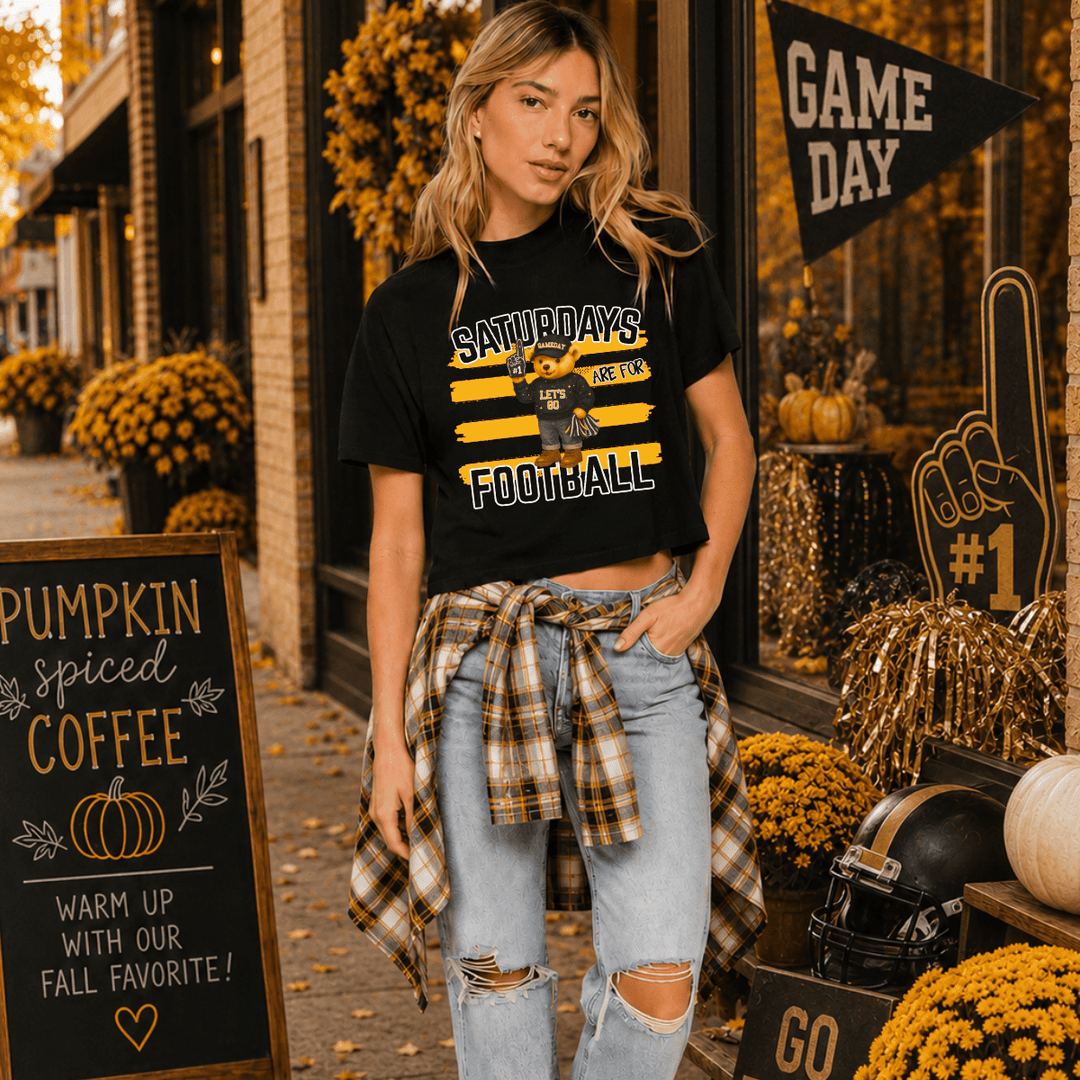 Gold Stripes Bear Saturdays are for Football Black Tee - Tees - The Red Rival