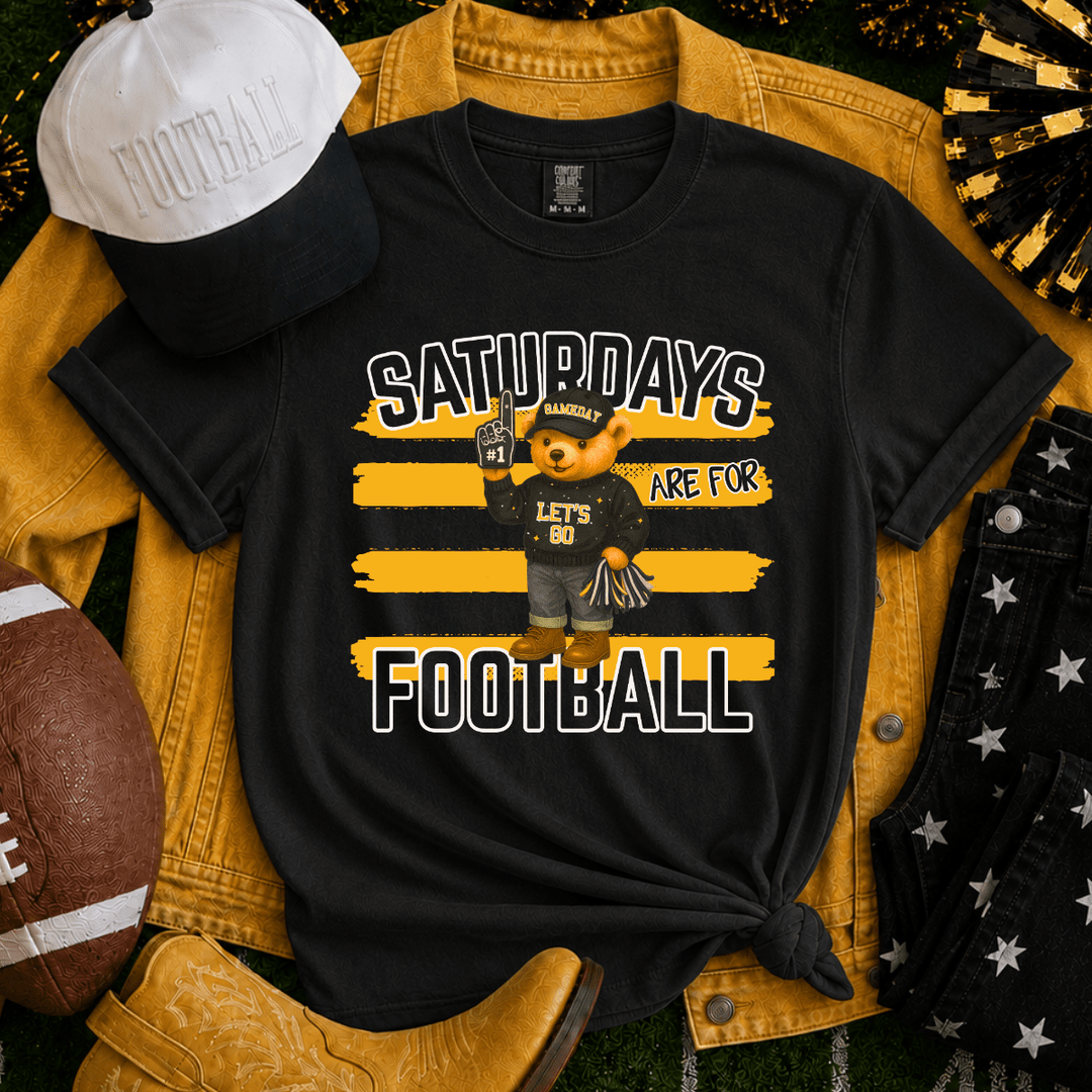 Gold Stripes Bear Saturdays are for Football Black Tee - Tees - The Red Rival