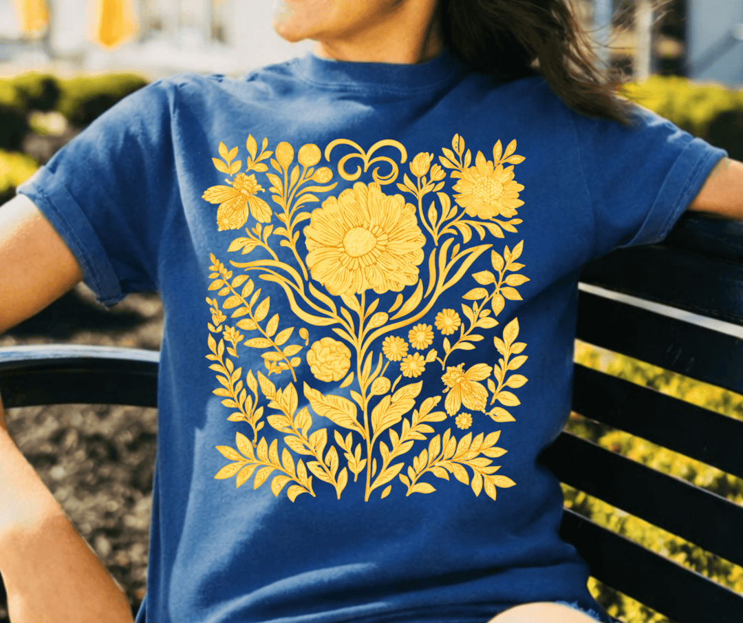 Gold Sunflower & Bee Abstract Floral Pattern on Dark Blue Tee - Tees - The Red Rival