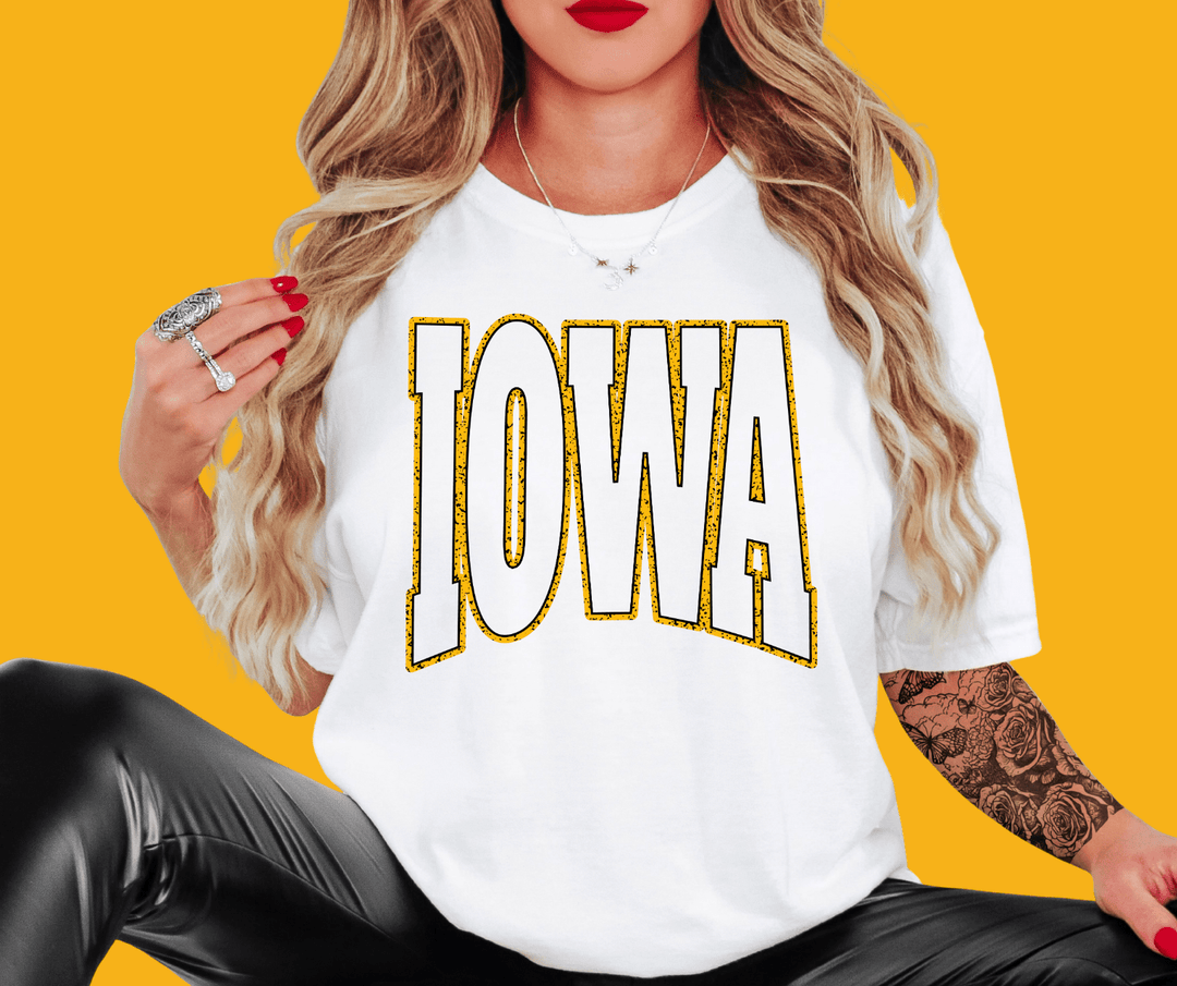 Gold/Black IA State Text White Tee - Tees - The Red Rival