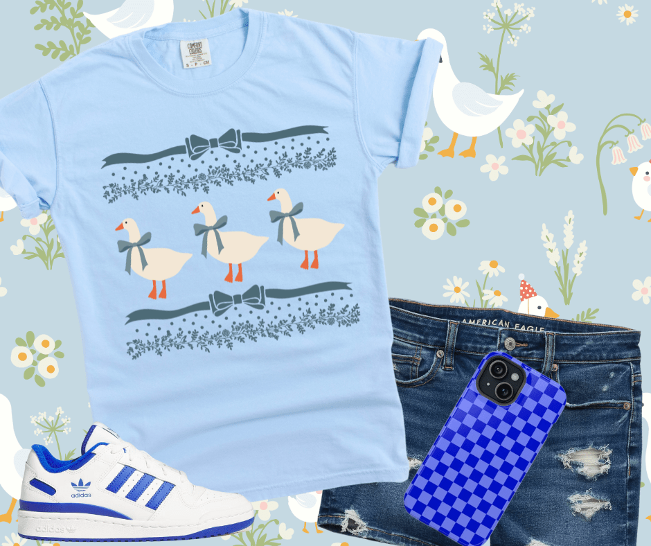 Goose Pattern with Blue Ribbon Light Blue Graphic Tee - Graphic Tee - The Red Rival