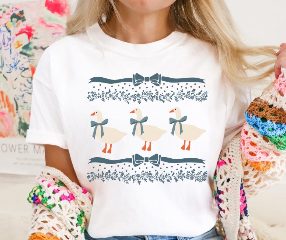 Goose Pattern with Blue Ribbon White Graphic Tee - Graphic Tee - The Red Rival