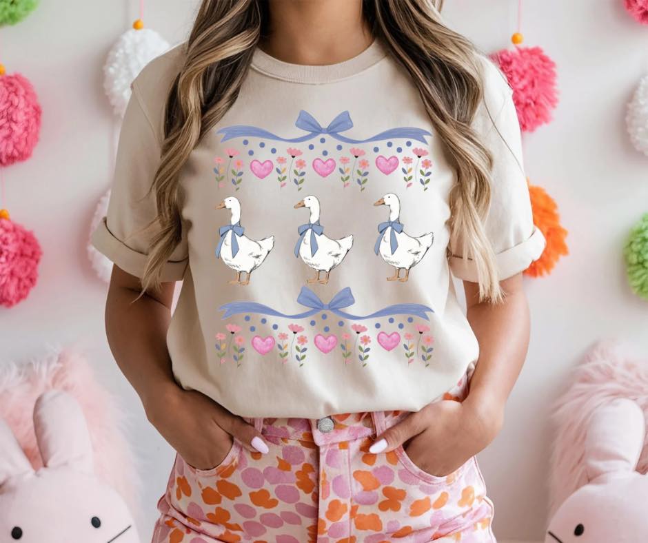 Goose Pattern with Pink Hearts on Cream Graphic Tee - Graphic Tee - The Red Rival