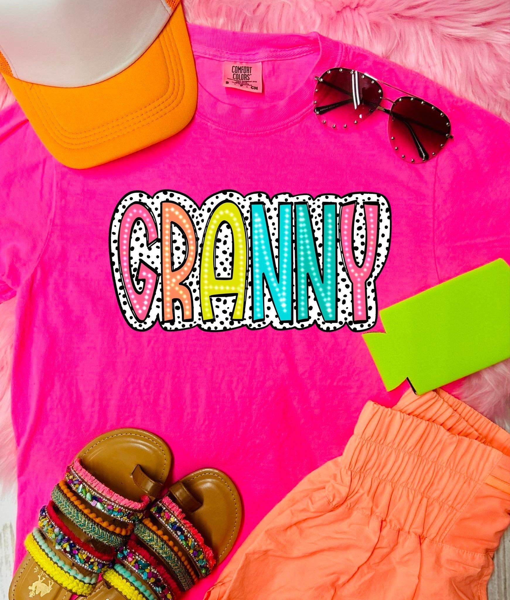 Granny Dalmatian Dot Neon Pink Tee - Graphic Tee - The Red Rival