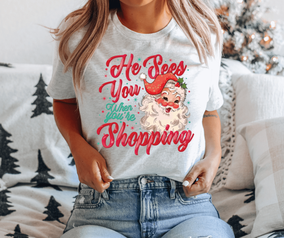 He Sees You When You're Shopping Ash Tee or Sweatshirt - Wholesale - The Red Rival
