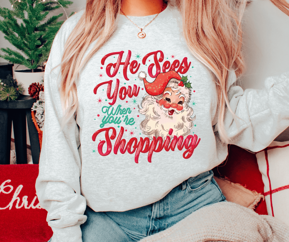 He Sees You When You're Shopping Ash Tee or Sweatshirt - Wholesale - The Red Rival