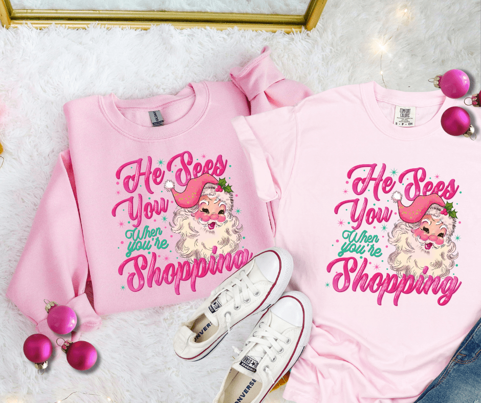 He Sees You When You're Shopping Light Pink Tee or Sweatshirt - Wholesale - The Red Rival
