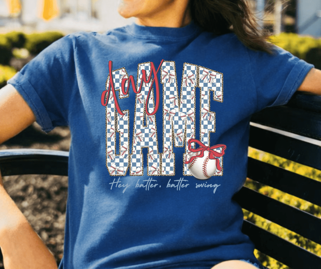 Hey Batter, Batter Swing Checkered Game Day Dark Blue Tee - Tees - The Red Rival