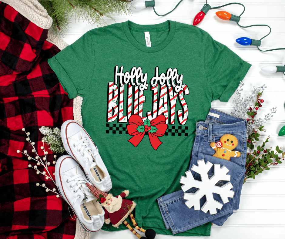 Holly Jolly BLUE JAYS Christmas Tree Cake Letters Tee - Tees - The Red Rival