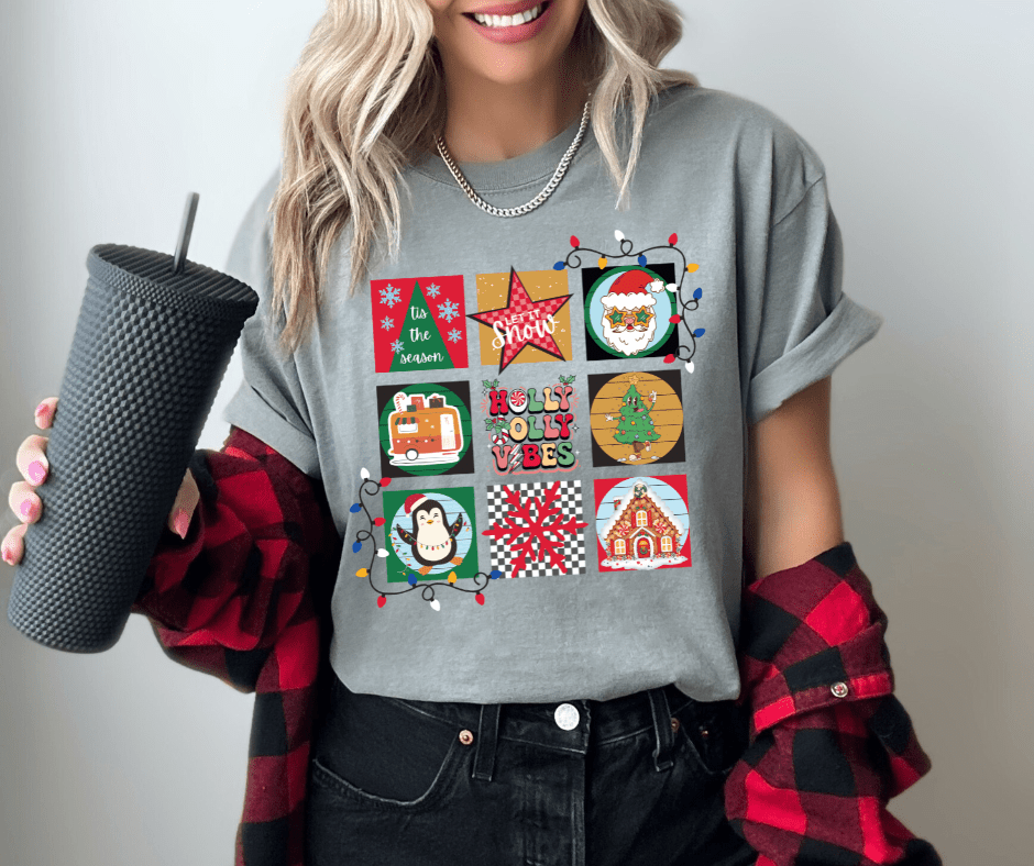 Holly Jolly Vibes Christmas Squares Grey Tee - Graphic Tee - The Red Rival
