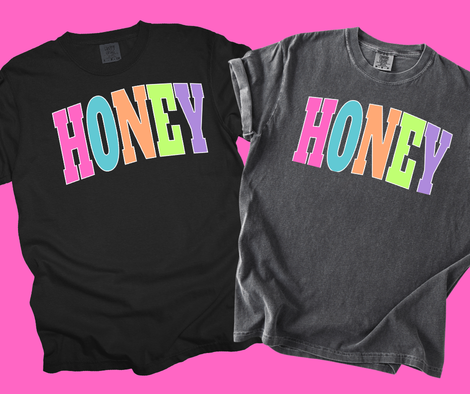 HONEY - Multi - Color Varsity Letters (Pick your design & tee color) - Graphic Tee - The Red Rival