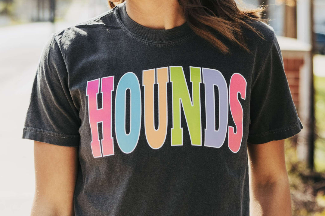 HOUNDS - Multi - Color Varsity Letters (Pick your tee color) - Graphic Tee - The Red Rival