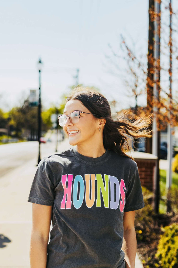HOUNDS - Multi - Color Varsity Letters (Pick your tee color) - Graphic Tee - The Red Rival